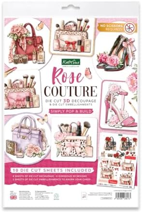 Katy Sue Rose Couture Die Cut Decoupage Card Making Kit with Embellishments. 10 Pre-Cut Sheets for 3D Card Toppers, Scrapbooking and Craft Projects