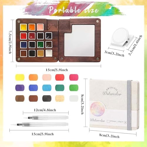 Travel Watercolor Paint Set - Pocket 15-Color Mini Kit with Sketch Pad