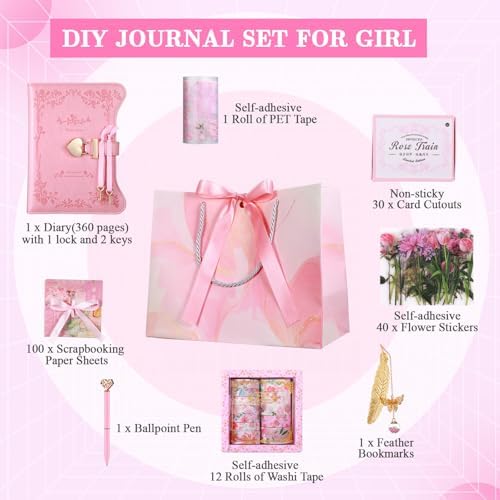 Janlaugh DIY Journal Diary with Lock Pack Scrapbook Kit, Pink, Classic | Stationery Diary Supplies, Scrapbook Supplies Art Crafts Kit for Birthday Holidays Ideal Gifts, Feather Bookmark Stickers
