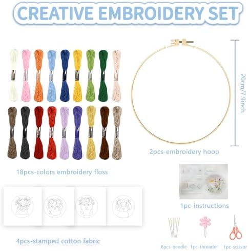 FREEBLOSS 4 Set Embroidery Kit Dog and Flower Stamped Embroidery Starter Kit with Step By Step Instructions, Colored Threads, 2 Hoops, Needlepoint Kits for Hand Craft Lovers Gift, 30cm/11.8inch