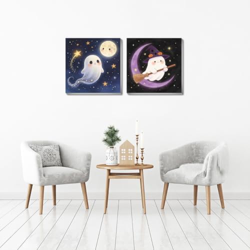 pchmcu 2 Pcs Halloween Paint by Numbers Kits for Kids Framed - DIY Ghosts Adults' Paint-by-Number Kits on Canvas,Small Easy Acrylic Oil Painting for Home Wall Decor 8x8 inchs