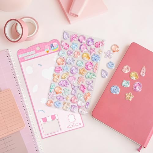Stickers Pink Ocean Theme Cute Puff Stickers with Glitter Funny Kawaii, Sea Star, Shell, Conch 3D Puffy for Scrapbooks Planner Journals Laptops Phone Case Decoration Laptops Phone Case DIY
