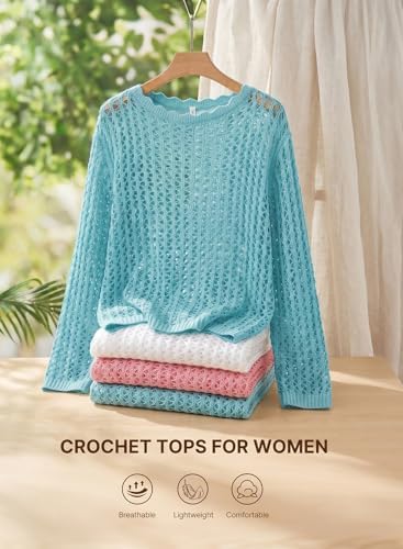 EVALESS Crochet Tops for Women Long Sleeve Hollow Out Knit Sweaters