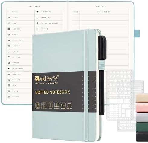 &And Per Se Dotted Notebook with Pen, 176 Numbered Dotted Pages, A5 Hardcover, Journal Stencils & Fineliner Pen for Beginners Women Men (Cyan)