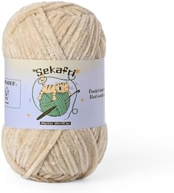 Fuzzy Chenille Yarn for Crocheting, Fluffy Amigurumi Crochet Yarn for DIY Craft/Hat/Shoes, (100g/197yds) Soft Velvet Baby Blanket Yarns（Beige）