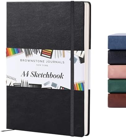 BROWNSTONE JOURNALS A4 Sketch Book Hardcover - 80 Sheets 100 GSM Paper | 8.5" x 11.5", Lay Flat, Vegan Leather Hardcover, Elastic Band, Back Pocket, Art Drawing Book for Adults & Students