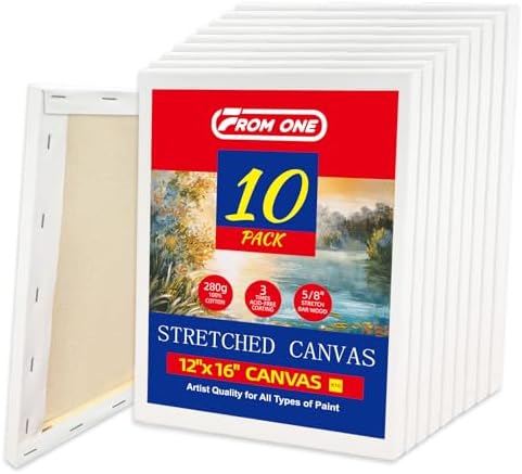 10-Pack 12x16 Stretched Canvas 100% Cotton Triple Primed for Acrylic & Oil | 100% cotton with natural husk, 5/8” Deep Frame, acid-free, No Bleed-Through,Warp-Resistant for gouache