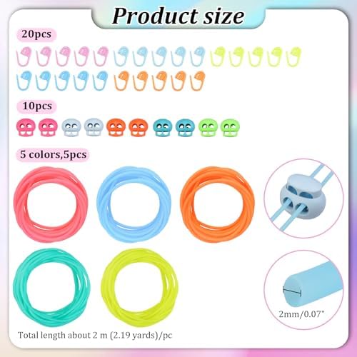 Dexspoeny 10 Pcs Knitting Needle Stoppers,Colorful Silicone Knitting Stitches Holder with 20Pcs Plastic Crochet Hook Clip,2mm Hollow Rubber Tubing Knitting Barber Cord,Convenient for Knitting
