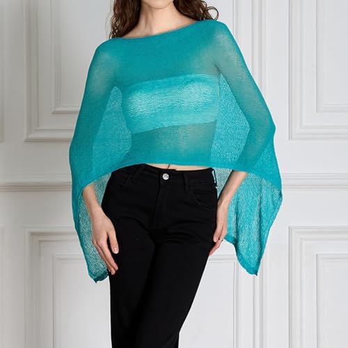 Women Sheer Knit Poncho Top Beach Cover Up Lightweight Crochet Shrug Y2k Summer See Through Shawl