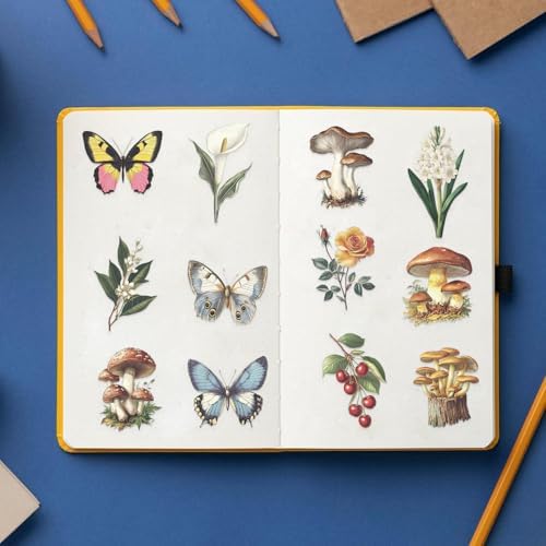50 PCS Vintage Nature Mushroom Butterfly Flower Stickers – Clear Cottagecore Aesthetic Botanical Scrapbook Stickers for Journaling, Laptop, Water Bottle, Art Crafting