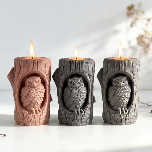 Konrisa Candle Making Molds,Tree Stump Owl Silicone Candle Molds for Resin Candle Soap,Epoxy Resin Casting Molds, DIY Cylinder Candle