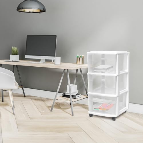 HOMZ Drawer Tower, 3-Tier Storage Cart with Removable Wheels, White Frame