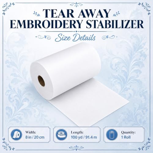 Peryiter 1 Roll 8" x 100 yd Tear‑Away Embroidery Stabilizer 25μm Backing Stabilizer for Embroidery Lightweight Sewing Stabilizers for Hand Sewing Machine