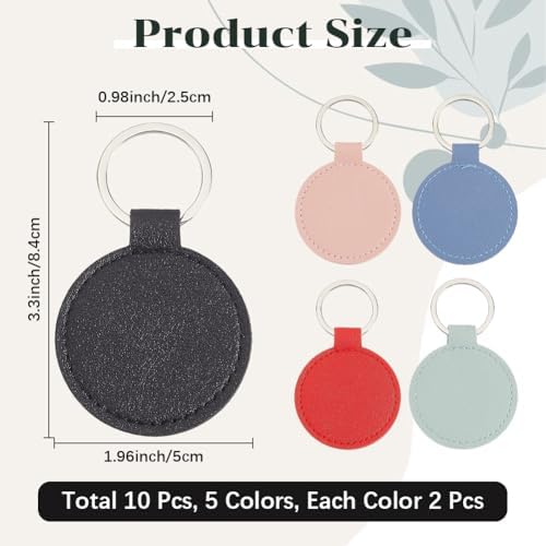10PCS 5 Colors Round PU Leather Blank Keychain Heat Transfer Keyring Double Side Leather Keychain Kit with Key Ring Sublimation Key Fob Holder Bulk for DIY Craft Present Making Birthday Gift