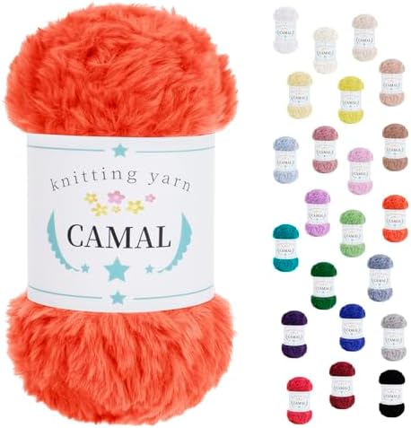 CAMAL Soft Faux Fur Yarn for Crocheting Blanket, 65 Yards Chunky Eyelash Yarn for Knitting Hats, 100 Grams Fuzzy Velvet Crochet Thread for Dolls, Earmuffs, Bags (Orange red)