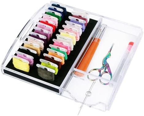 Acrylic Working Tray for Cross Stitch and Embroidery Supplies, Embroidery Floss Bobbins Organizer Tray with Magnetic Needle Holder and Tools Storage