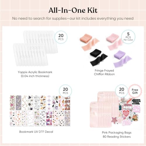 YOPPIX 6x2” Acrylic Bookmark Blanks- 20 Pieces Bookmark Making Kit with 20 UV DTF Stickers About Halloween Theme and 20 Ribbon for DIY Your Crafts Gifts Booklovers Gifts