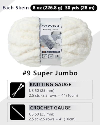 Cozyful Chunky Yarn for Hand Knitting, #9 Thick Jumbo Big Chunky Yarn for Crocheting, Super Chunky Knit Blanket Yarns, Large Chunky Chenille Yarns, 8 Pack (30 yds 8 oz Each Skein), Cream