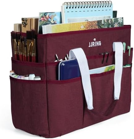 JJRING Craft Organizer Tote Bag Large Art Storage Caddy Dark Red | With Multiple Pockets For Sewing, Scrapbooking, School, Medical, And Office Supplies