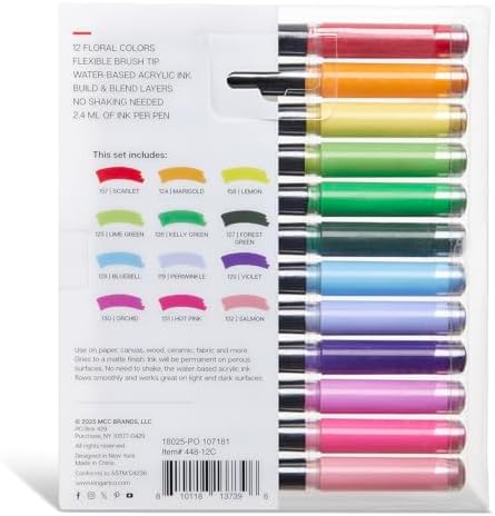 KINGART Acrylic Paint Markers Brush Tip, 12 Floral Colors. Water-based, no-bleed, waterproof pens with automatic ink control for rock, egg, wood, fabric, glass & DIY crafts