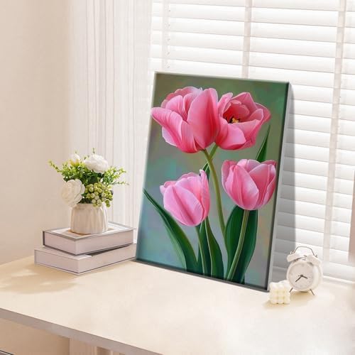 ATDMS Paint by Numbers Kit for Adults with Frame Flowers Paint by Number with Easel DIY Tulip Adult Paint by Number Kits Oil Painting Kits for Gift Home Wall Decor 8x12 Inch