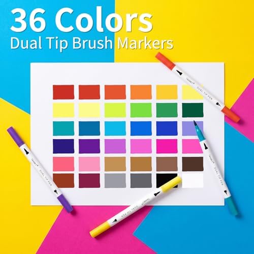 TANMIT 36 Dual-Tip Brush Pens, Art Markers for Adult Coloring Books | Dual Marker Pen With Brush + Fine Precision Tips for Calligraphy, Planners, Journaling, Note Taking & More