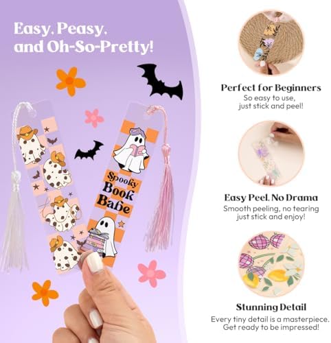 24 Set Bookmark Making Kit, Acrylic Bookmark Blanks with 24 UV DTF Stickers About Halloween Theme and 24Tassels,Blank Bookmarks UV DTF Transfers Stickers for DIY Crafts Hanging Tag Gift Bookmarks DIY