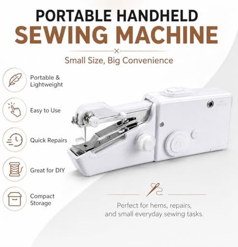 AMYJOY Mini Handheld Sewing Machine for Beginners, Portable Cordless Sewing Machine with Complete Sewing Kit, Battery Operated Stitch Tool for Clothing Repair, DIY Craft, Home & Travel Use – White