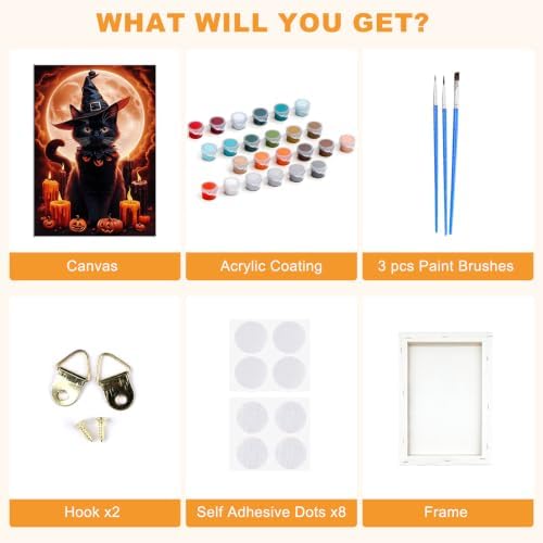 SENQAO Cat Paint by Numbers Kit for Adults Beginner, Halloween Pumpkin Adult Paint by Number Kits on Canvas, DIY Acrylic Oil Easy Painting by Numbers for Home Wall Decor 8X12 inch