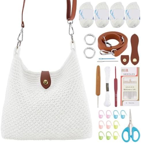 ACRNIGHEET Crochet Bag Kit for Beginners Adults Crochet Purse for Women DIY Tote Bag Making Kit with Step-by-Step Tutorials Knitting Supplies for Adults Crafts Boho Gift Idea (White)