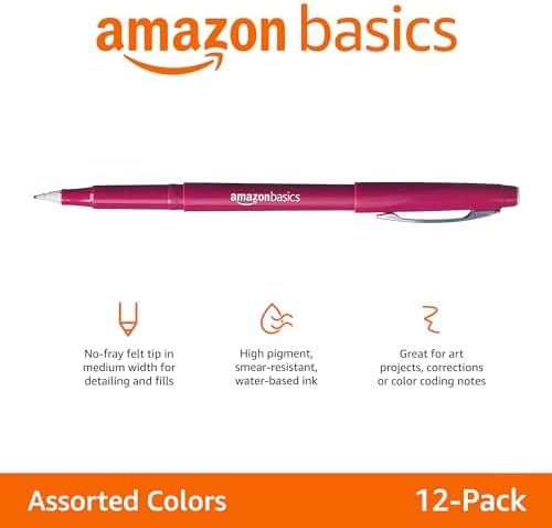 Amazon Basics Felt Tip Marker Pens, Assorted Colors, for Art Projects, Writing, Drawing, and Journaling, 12-Pack