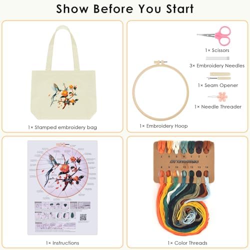 ERKOON Canvas Tote Bag Embroidery Kit for Beginners, Floral Arts Crafts Cross Stitch Kits for Adults Including Stamped Embroidery Bag with Hoops, Needle, Instruction and Color Threads (Hummingbird)