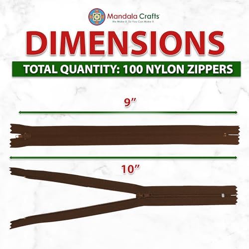 Mandala Crafts 100 PCs Dark Brown Closed-End 9 in Nylon Zippers for Sewing