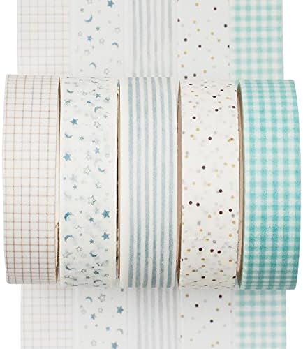 5 Rolls Washi Tape Set Creative Basic Skinny Decorative Tapes for Arts, DIY Crafts, Journals, Planners, Scrapbooking, Wrapping (Cyan Dew)