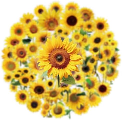 50pcs Sunflower Stickers for Laptop Water Bottles, Transparent PET Waterproof Aesthetic Sticker for Kids Birthday Party Scrapbook Phone (Yellow)