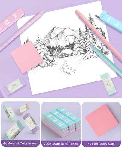 Aesthetic School Supplies with Cute Pencil Case, 12x Pastel Mechanical Pencils 0.5 & 0.7mm with 720x HB Leads, 4x Erasers and 1x Sticky Note, Suitable for Writing, Drafting Drawing Sketching(green)