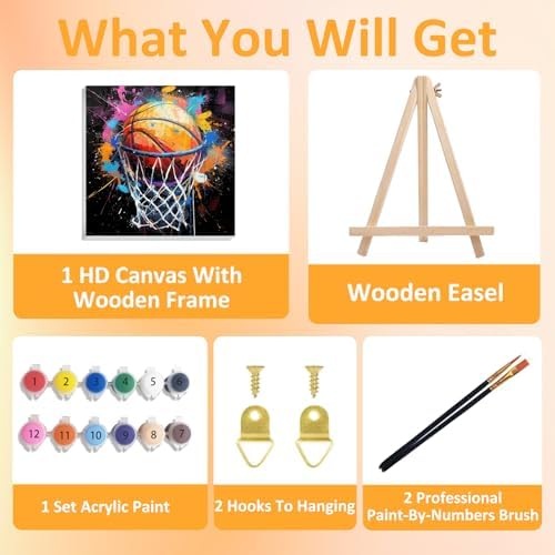 Basketball Paint by Numbers Kit for Kids, with Frame and Easel, 8x8 inch