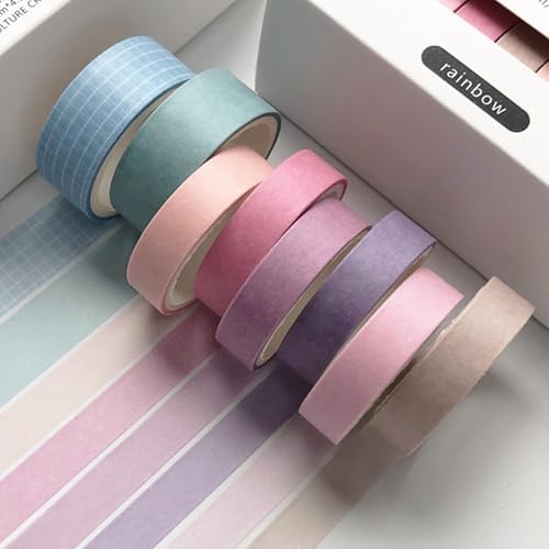 YUBBAEX 8 Rolls Basic Washi Tape Set Solid Color Grid Masking Decorative Tapes for Arts, DIY Crafts, Journals, Planners, Scrapbooking, Wrapping (Rainbow)