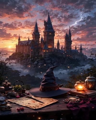 koemhxb Magical Castle Paint by Numbers Kit for Adults Beginners, Magic Hat Adult Paint by Numbers on Canvas, Acrylic Painting Crafts for Home Decor (16x20inch)