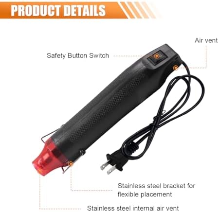 220V 300W Mini Heat Gun, Portable Electric Hot Air Gun with Stand & Power Cord, Handheld Heating Tool for Car Vinyl Wrap, Drying Paint, Epoxy Resin, DIY Embossing(Black)