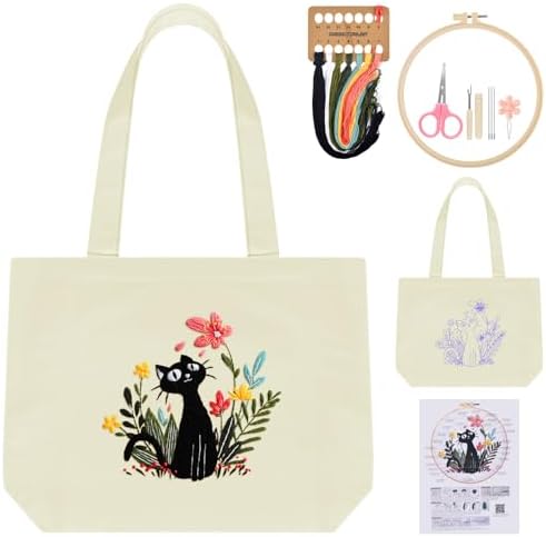 ERKOON Canvas Tote Bag Embroidery Kit for Beginners, Floral Arts Crafts Cross Stitch Kits for Adults Including Stamped Embroidery Bag with Hoops, Needle, Instruction and Color Threads (Cat)
