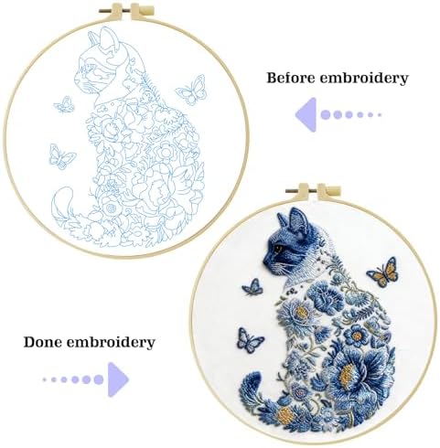 JOZYSH Blue Flower Cat and Butterfly Stamped Pattern Embroidery Kit for Beginners Adults Includes Cloth,Hoop,Color Threads,Needles and Instruction,Lover Hand Stitch with Embroidery Skill Techniques