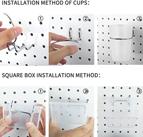 Kuhome 6 Sets Pegboard Bins and Cups with Pegboard Hooks, Pegboard Accessories Baskets, Hooks for Pegboard Cup Holder for Organizing Craft Tools Storage Garage Office Workbench Transparent