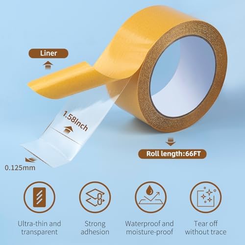 Ultra-Thin Clear Double Sided Tape Heavy Duty 1.58Inch X 66Feet Two Sides Strong Stick Mounting Adhesive Tape For Rug Fixed,DIY Crafts,Poster,Arts,Fixed Clothes,Paste Photo,Scrapbook,Gift Wrap