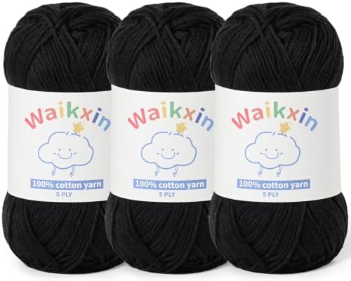 3 Pack of 100% Cotton Yarn for Crocheting,Baby Yarn for Crocheting Soft,5 Ply Milk Cotton Yarn,#2 Sport Weight Cotton Yarn,10.6oz/787.4yds Amigurumi Yarn for Puzzle,Clothes&DIY Crafts.(3 Black)