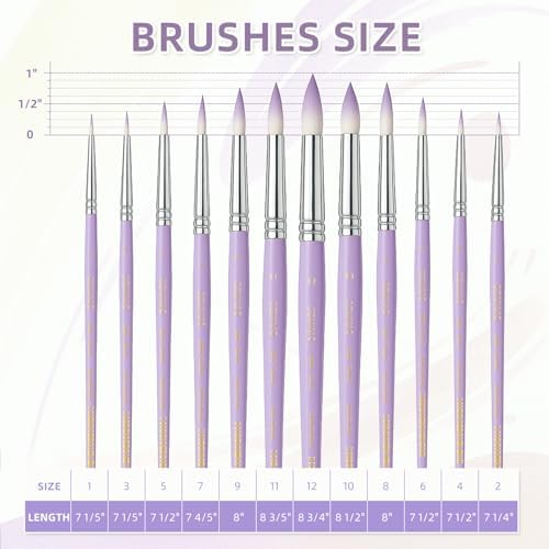 12 Pcs Round Professional Artist Watercolor Paint Brush Set, Purple