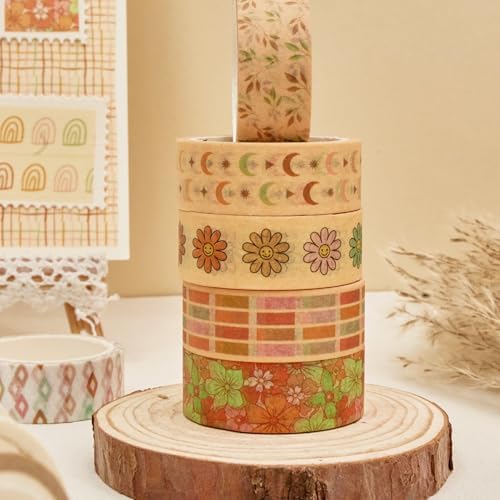 Boho Washi Tape Set 10 Rolls Cute Masking Graphic Floral Pattern Decorative Tapes for Arts, DIY Crafts, Journals, Planners, Scrapbook, Wrapping (Colors)