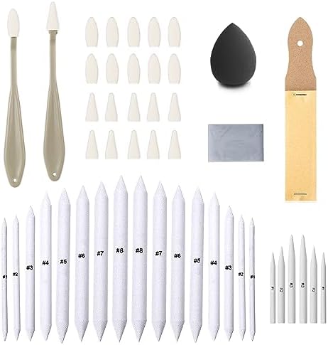 Cettkowns 47 Pieces Sketch Drawing Tools Set with Blending Stumps, Tortillions, Art Sketch Wipe Scrapers, Sketch Rubbing Sponge, Kneaded Eraser and Sandpaper Sharpeners