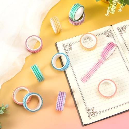 AnyDesign 12 Rolls Plaid Washi Tape Masking Tape Set, Colored Lace Gingham