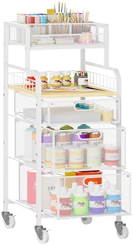 SWTYMIKI Rolling Cart with Drawers - Metal Craft Cart with Wheels, DIY Divider and Wood Shelf, Art Supply Organizer Craft Organizer and Storage, Utility Storage Cart for Home Office Studio, White